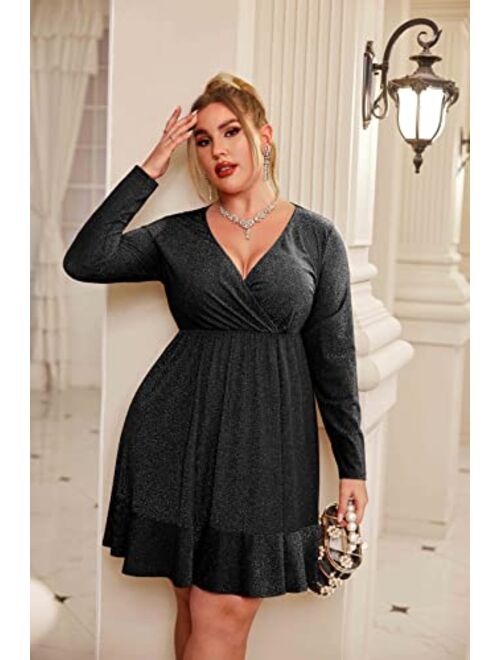 IN'VOLAND Plus Size Womens Glitter Dress V Neck Long Sleeve Ruffle Hem Swing Club Cocktail Party Dresses