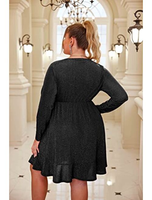 IN'VOLAND Plus Size Womens Glitter Dress V Neck Long Sleeve Ruffle Hem Swing Club Cocktail Party Dresses