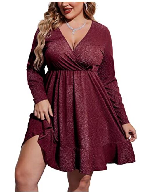 IN'VOLAND Plus Size Womens Glitter Dress V Neck Long Sleeve Ruffle Hem Swing Club Cocktail Party Dresses