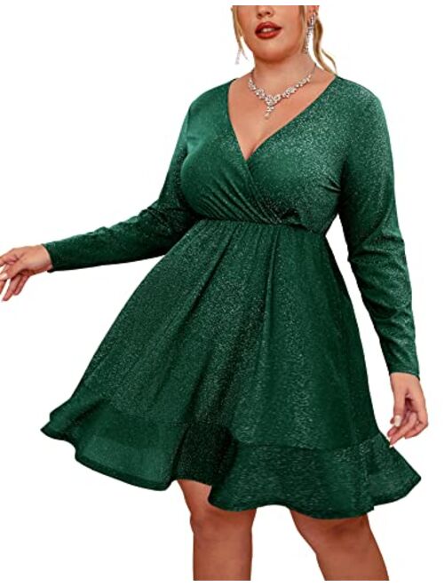 IN'VOLAND Plus Size Womens Glitter Dress V Neck Long Sleeve Ruffle Hem Swing Club Cocktail Party Dresses