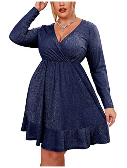 IN'VOLAND Plus Size Womens Glitter Dress V Neck Long Sleeve Ruffle Hem Swing Club Cocktail Party Dresses