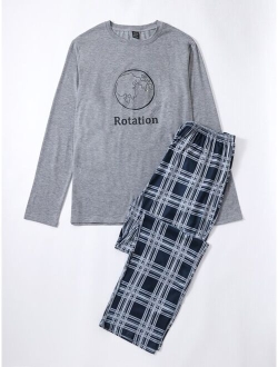 Men Plaid And Letter Graphic PJ Set