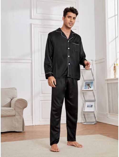 Shein Men Pocket Front Contrast Piping Satin PJ Set