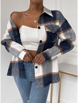 Plaid Flap Pocket Drop Shoulder Coat