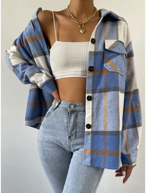 Shein Plaid Flap Pocket Drop Shoulder Coat