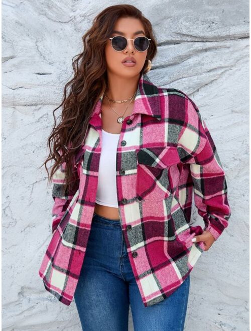 Shein Plus Plaid Print Drop Shoulder Flap Pocket Coat