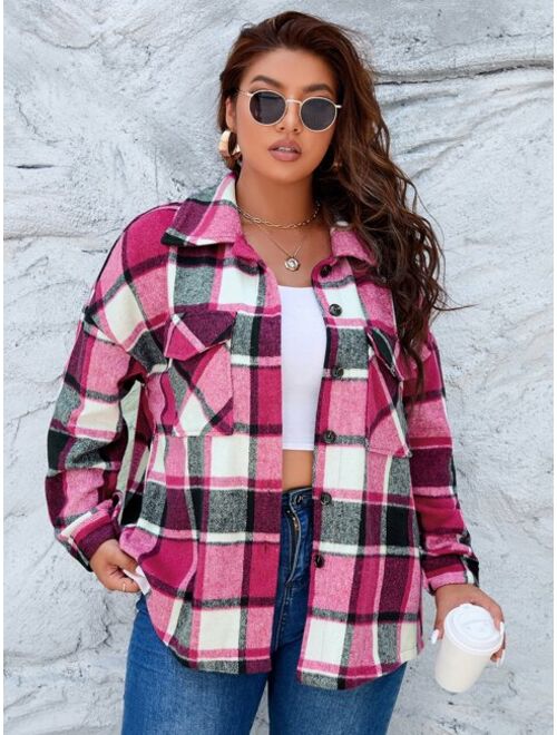 Shein Plus Plaid Print Drop Shoulder Flap Pocket Coat