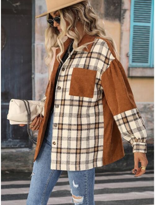 Shein Plaid Patched Pocket Drop Shoulder Corduroy Coat