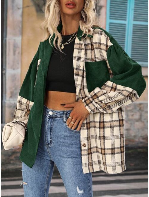 Shein Plaid Patched Pocket Drop Shoulder Corduroy Coat