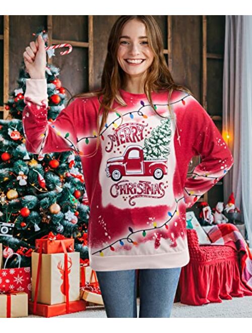 ASTANFY Merry Christmas Sweatshirts for Women Christmas Trees Graphic Shirts Cute Santa Truck Pullovers Xams Long Sleeve Tops