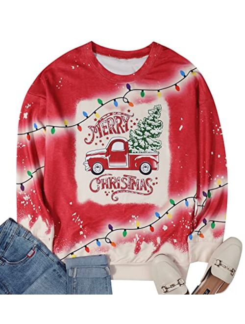 ASTANFY Merry Christmas Sweatshirts for Women Christmas Trees Graphic Shirts Cute Santa Truck Pullovers Xams Long Sleeve Tops