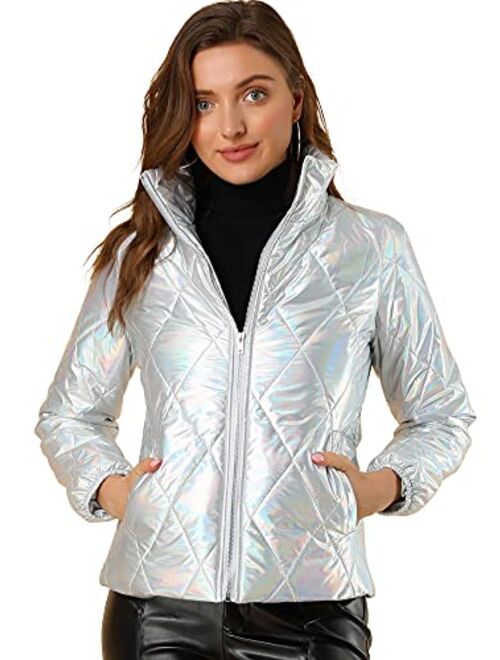 Allegra K Women's Christmas Holographic Shiny Zipper Metallic Down Puffer Jacket