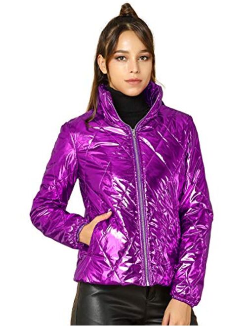 Allegra K Women's Christmas Holographic Shiny Zipper Metallic Down Puffer Jacket