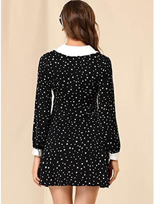 Allegra K Women's Christmas Polka Dots Sweet Tie Neck Contrast Peter Pan Collar Dress