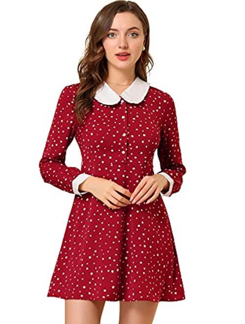 Allegra K Women's Christmas Polka Dots Sweet Tie Neck Contrast Peter Pan Collar Dress