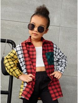 Toddler Girls Colorblock Tartan Patched Pocket Drop Shoulder Shirt