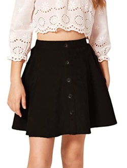 Girl's Button Up Skater Skirt High Waist A Line Flared Corduroy Short Skirt