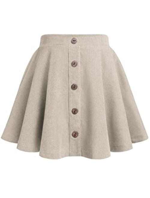 Flypigs Girls Corduroy Skirt with Lining Shorts and Pockets Button Flared Elastic Waist Skirts