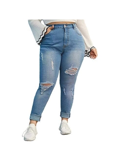 ALLABREVE Women Plus Size Ripped Stretch Skinny Jeans, High Rise Distressed Denim Jegging