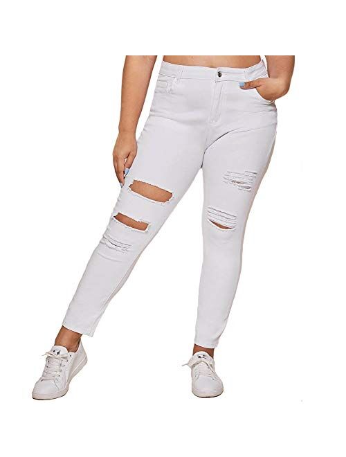 ALLABREVE Women Plus Size Ripped Stretch Skinny Jeans, High Rise Distressed Denim Jegging