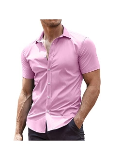 Men's Muscle Fit Dress Shirts Wrinkle-Free Short Sleeve Casual Button Down Shirt