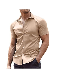 Men's Muscle Fit Dress Shirts Wrinkle-Free Short Sleeve Casual Button Down Shirt