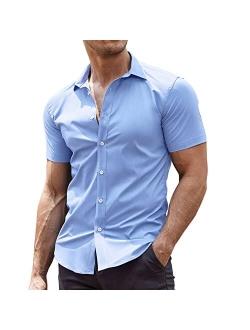 Men's Muscle Fit Dress Shirts Wrinkle-Free Short Sleeve Casual Button Down Shirt