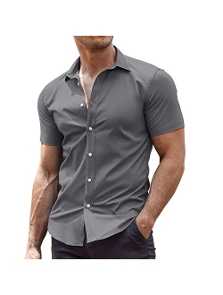 Men's Muscle Fit Dress Shirts Wrinkle-Free Short Sleeve Casual Button Down Shirt