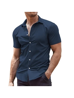 Men's Muscle Fit Dress Shirts Wrinkle-Free Short Sleeve Casual Button Down Shirt