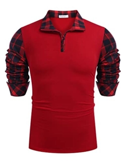 Men's Long Sleeve Polo Shirts Casual Slim Fit Zipper Plaid Polo T Shirts