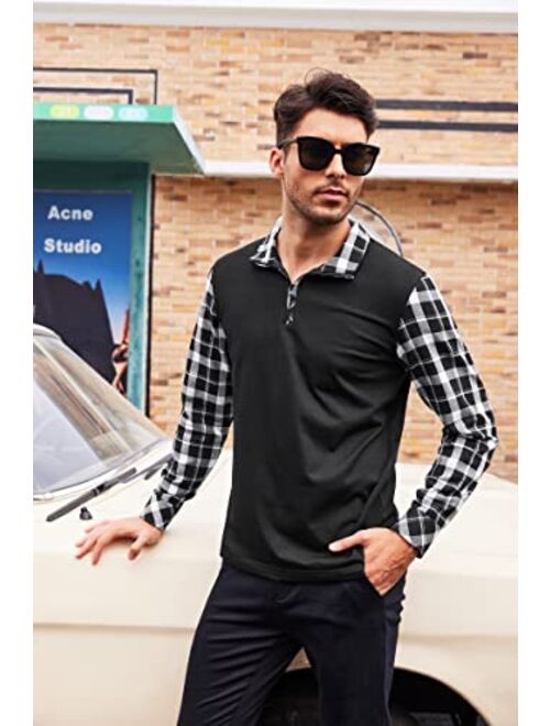 COOFANDY Men's Long Sleeve Polo Shirts Casual Slim Fit Zipper Plaid Polo T Shirts