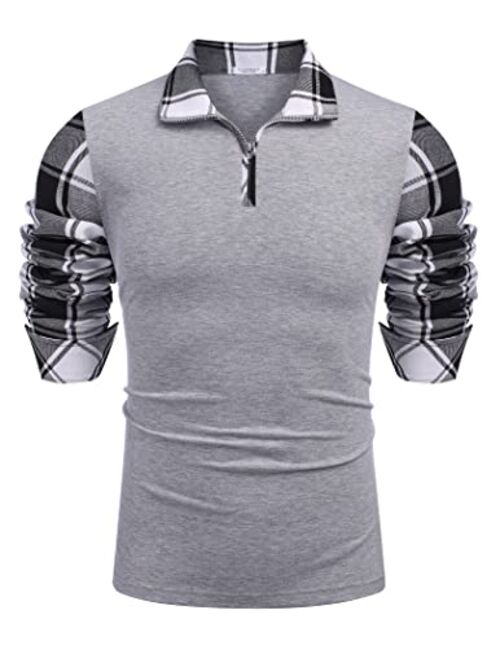 COOFANDY Men's Long Sleeve Polo Shirts Casual Slim Fit Zipper Plaid Polo T Shirts