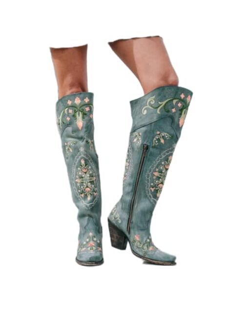 Dan Post Boots Womens Flower Child Snip Toe Dress Boots Over the Knee High Heel 3" & Up - Blue