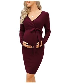 Coolmee Maternity Sweater Long Sleeve Bodycon Wrap Dress V Neck Nursing Fall Casual Mini Dress Baby Shower Photoshoot Belt