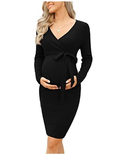 Coolmee Maternity Sweater Long Sleeve Bodycon Wrap Dress V Neck Nursing Fall Casual Mini Dress Baby Shower Photoshoot Belt