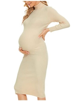 Guruixu Turtleneck Knit Ribbed Maternity Sweater Dress for Photoshoot Baby Shower, Long Sleeve Stretchable Midi Bodycon Dress