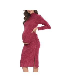 Guruixu Turtleneck Knit Ribbed Maternity Sweater Dress for Photoshoot Baby Shower, Long Sleeve Stretchable Midi Bodycon Dress