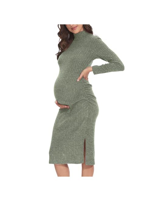 Guruixu Turtleneck Knit Ribbed Maternity Sweater Dress for Photoshoot Baby Shower, Long Sleeve Stretchable Midi Bodycon Dress