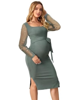 OYOANGLE Women's Maternity Rib Knit Split Hem Knot Front Square Neck Long Sleeve Bodycon Midi Dress