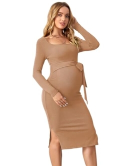 OYOANGLE Women's Maternity Rib Knit Split Hem Knot Front Square Neck Long Sleeve Bodycon Midi Dress