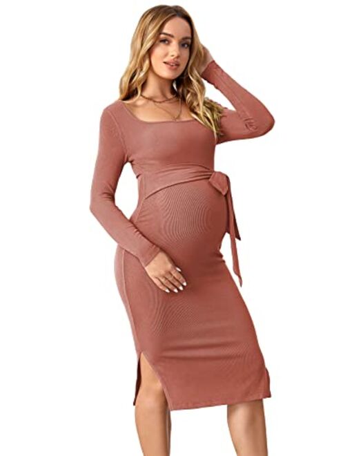 OYOANGLE Women's Maternity Rib Knit Split Hem Knot Front Square Neck Long Sleeve Bodycon Midi Dress