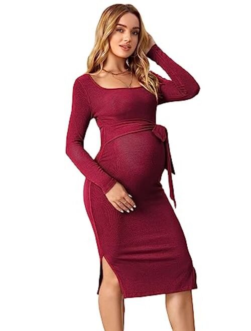 OYOANGLE Women's Maternity Rib Knit Split Hem Knot Front Square Neck Long Sleeve Bodycon Midi Dress