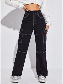 High Waist Flap Pocket Whip Stitch Jeans