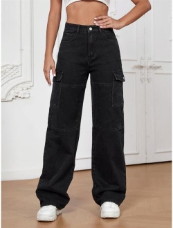 High Waist Flap Pocket Whip Stitch Jeans