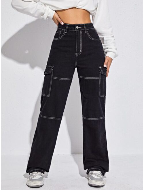 Shein High Waist Flap Pocket Whip Stitch Jeans