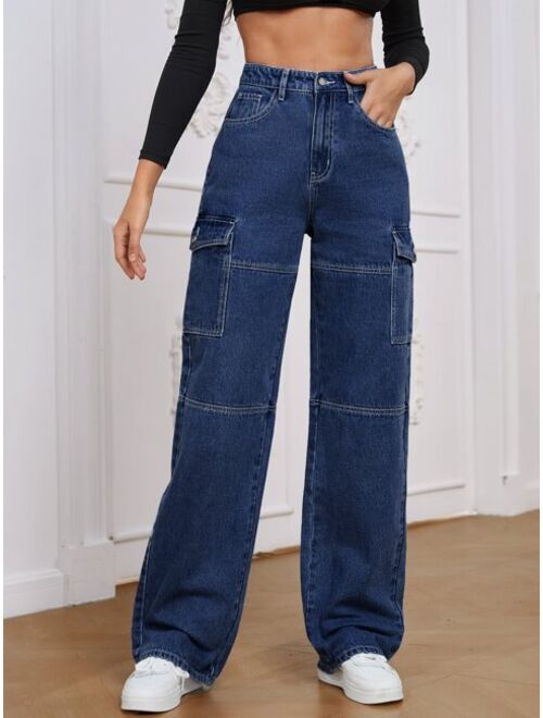 Shein High Waist Flap Pocket Whip Stitch Jeans
