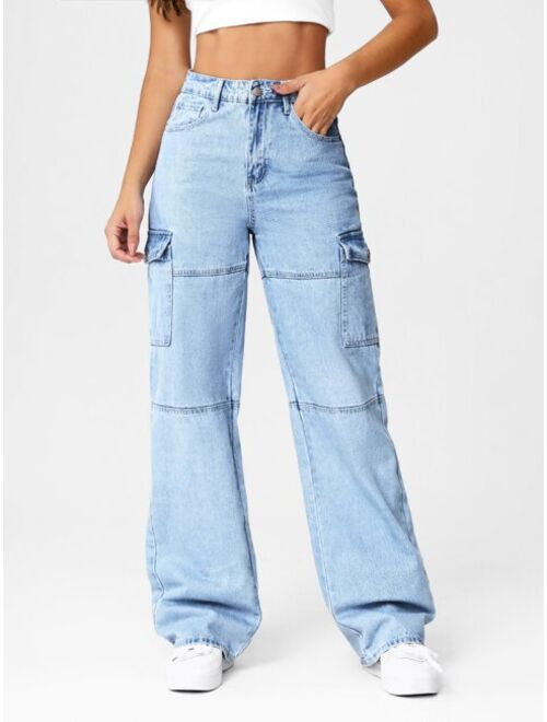 Shein High Waist Flap Pocket Whip Stitch Jeans