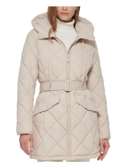 Women's Hooded Belted Diamond Quilted Coat