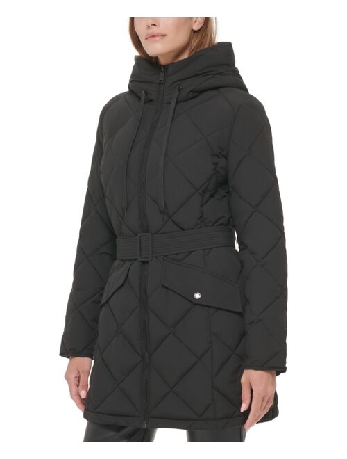 CALVIN KLEIN Women's Hooded Belted Diamond Quilted Coat