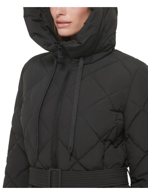 CALVIN KLEIN Women's Hooded Belted Diamond Quilted Coat